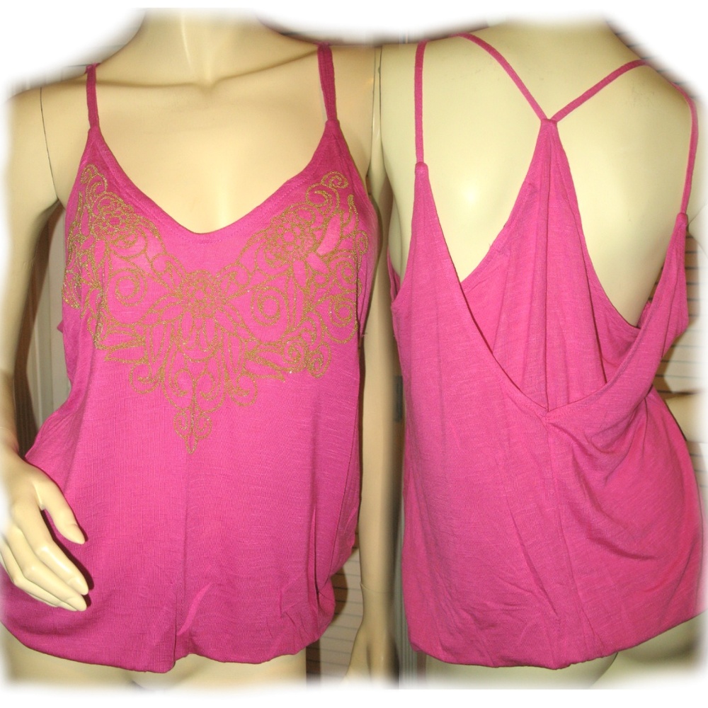 NWT Y2K Spoiled Tank Cami Top M Fuchsia Pink Gold Glitter Floral Gym Yoga Sporty